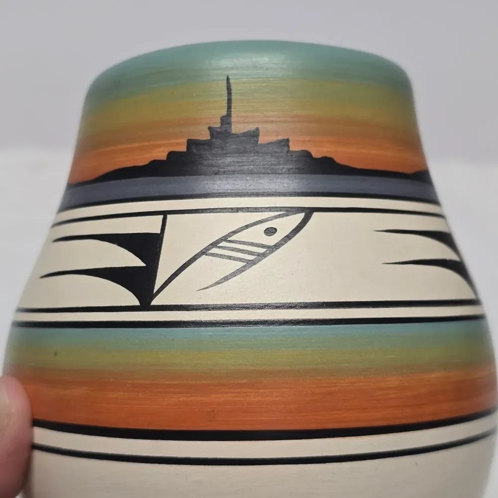 Native American Hand Painted Pottery Vase Signed By Wallace T. Navajo Folk Art